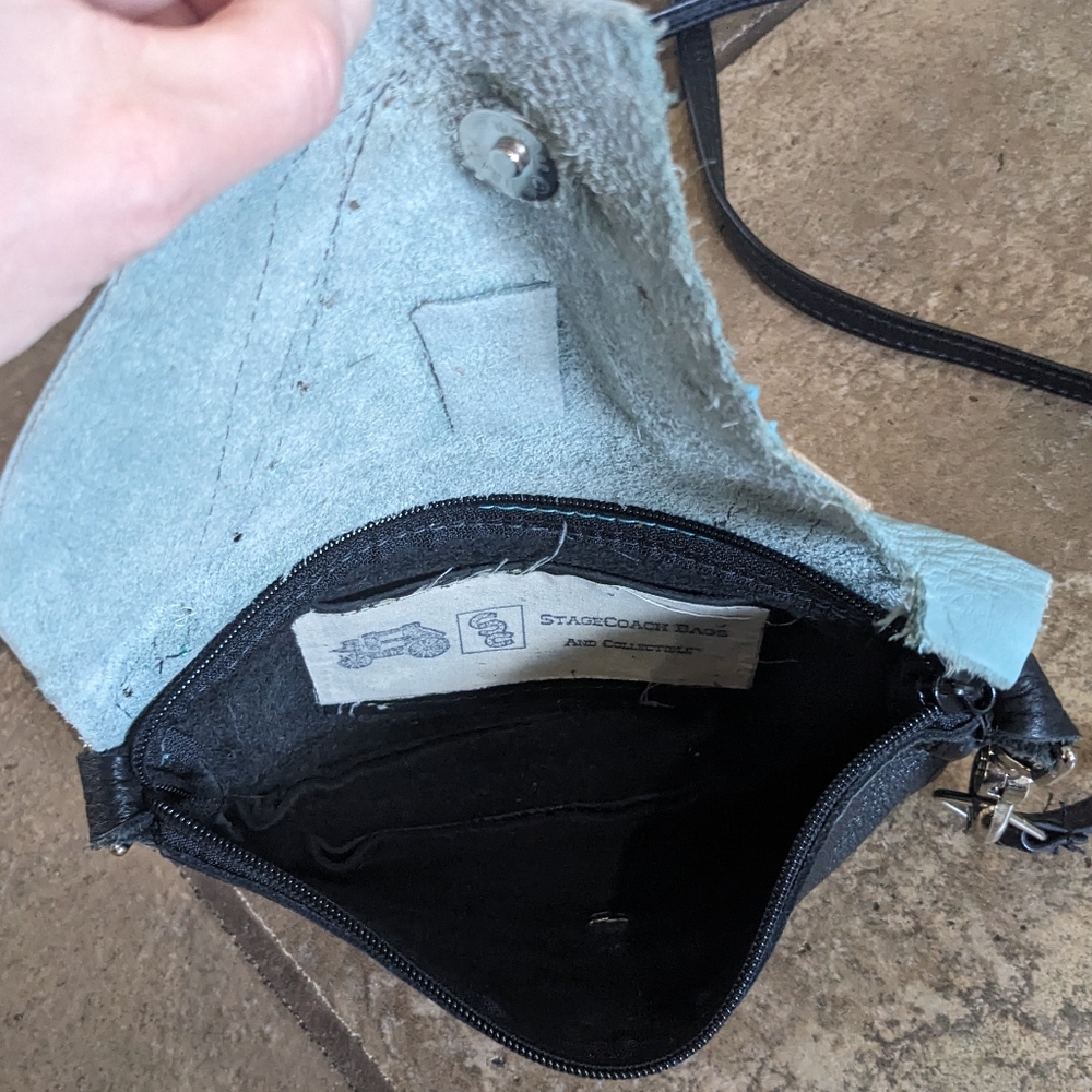 Vintage Avant Garde Stagecoach Western  Leather Crossbody Bag Turquoise & Black - Picture 10 of 14